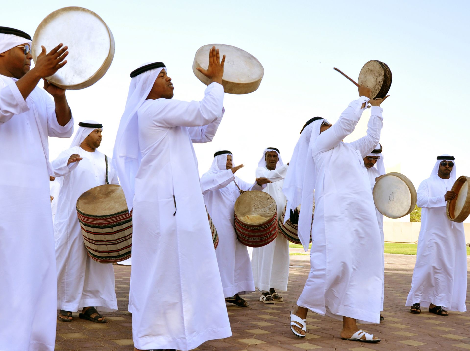 Musical instruments (drums and tambourines) used for an AI-Ayyala performance in the UAE.